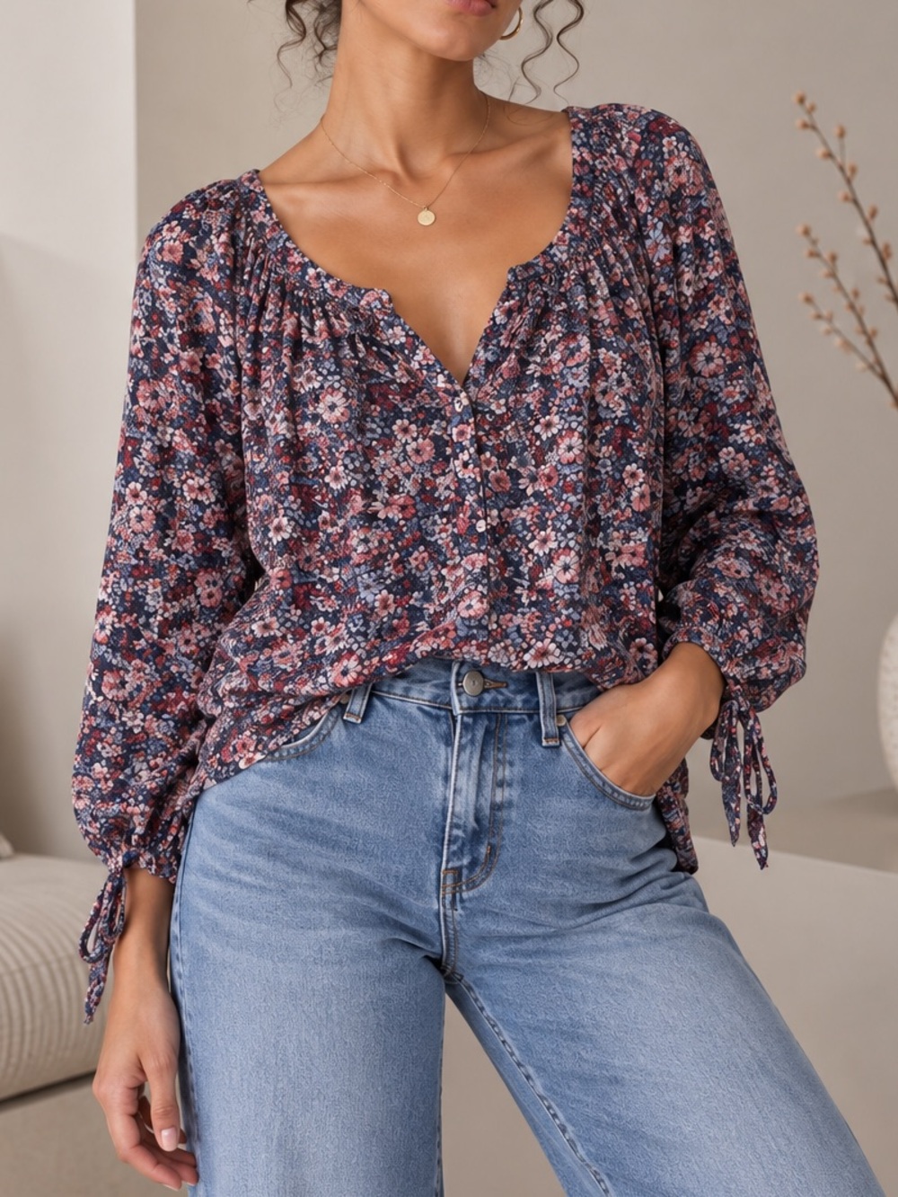 Women's Floral Peasant Blouse - Navy & Pink